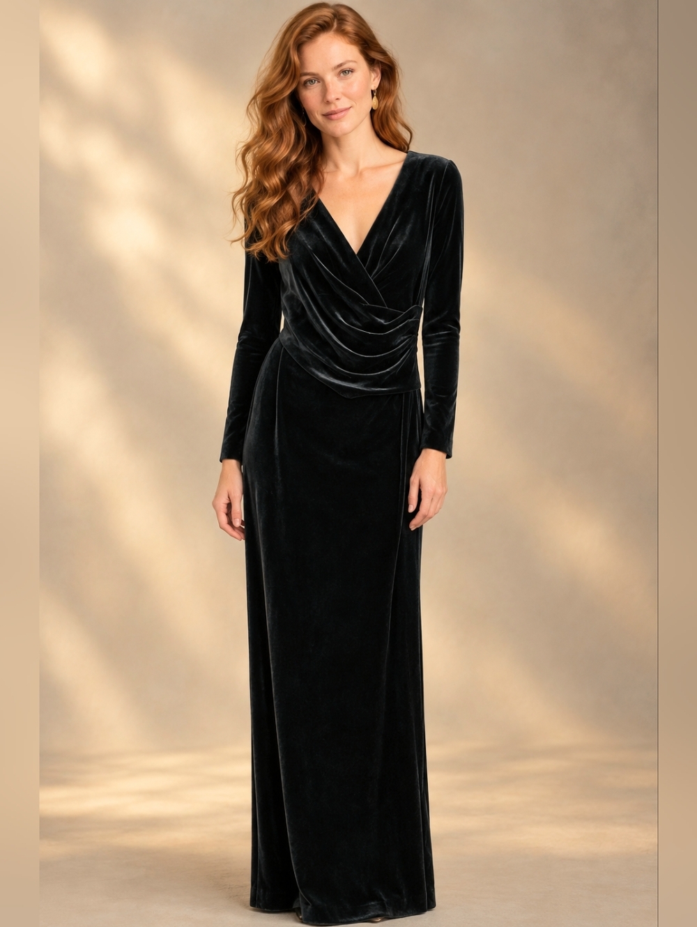 Eliza J Emerald Green Velvet Gown Long Sleeve V-neck Ruched Waist Regency Regal